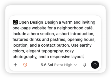 Un véritable prompt Codex demandant à OpenDesign de créer le site web chaleureux d’un café de quartier