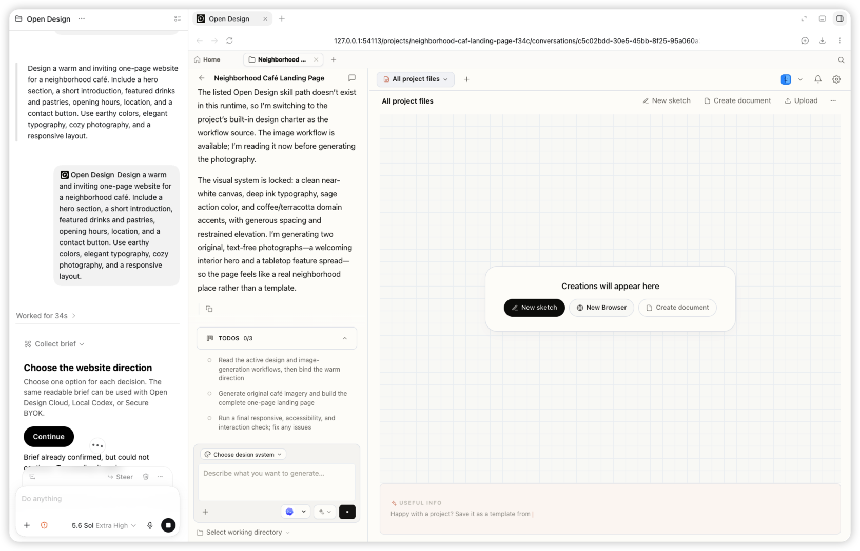 Un véritable espace de travail Codex et OpenDesign pendant la génération du site web du café de quartier