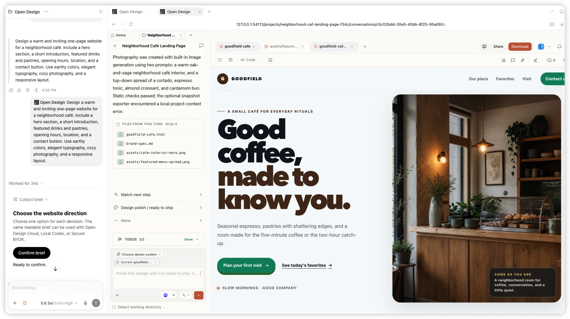 Une véritable tâche Codex utilisant le plugin OpenDesign à côté du site web final du café Goodfield