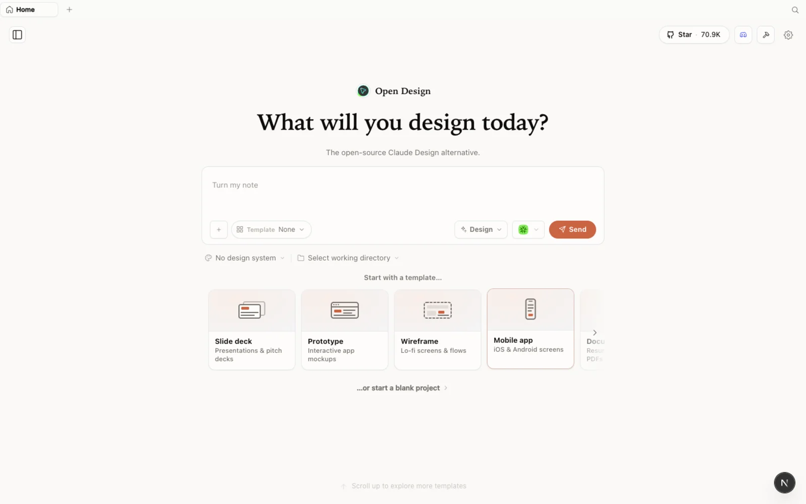 The OpenDesign workspace, ready to generate.
