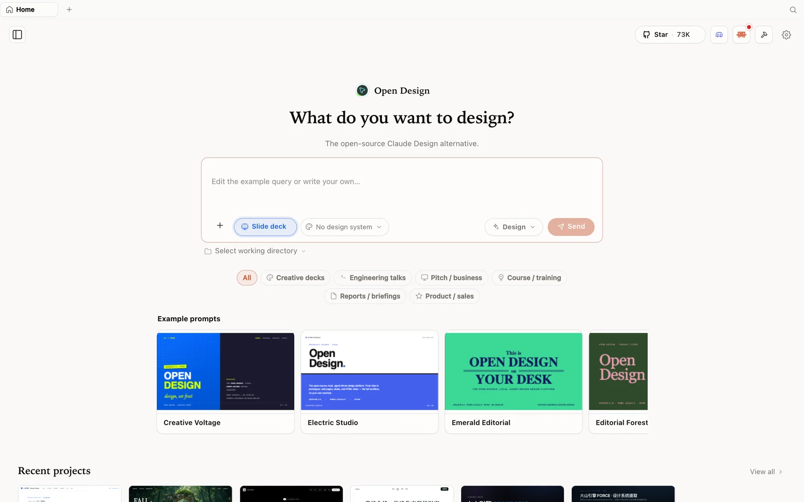 Le mode diaporama dans OpenDesign avec des diaporamas d'exemple.